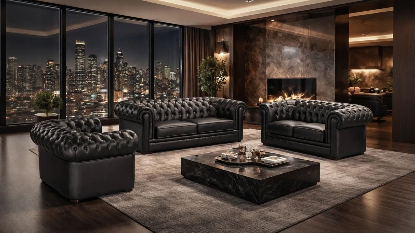 ensemble canape 3 2 1 places noir chesterfield depascalis