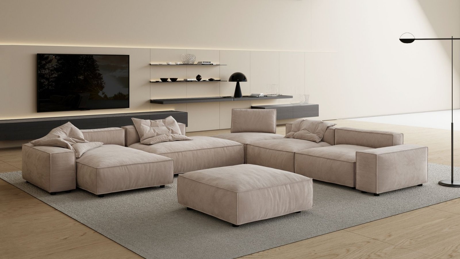 salon design canape modulable beige nubuk