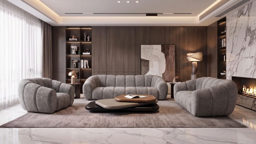 ensemble canape 3 places 2 fauteuils tissu bouclette gris