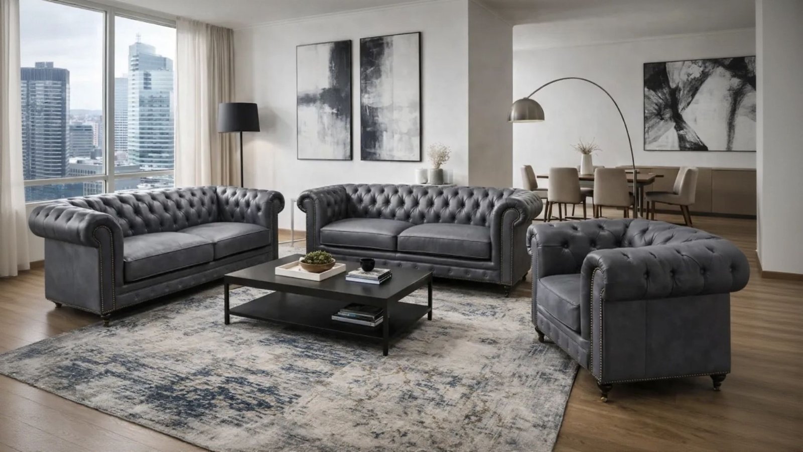 ensemble canape chesterfield 3 2 1 gris bleu